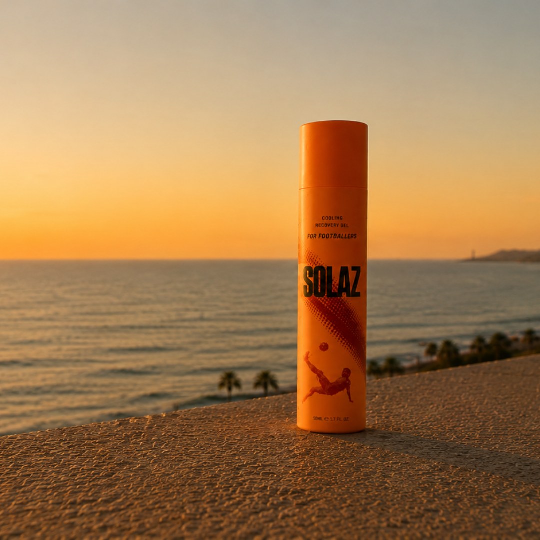 SOLAZ cooling recovery gel, 50 ml, on a seafront ledge at golden hour